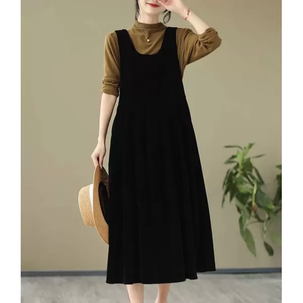 imagechouyatou Womens Cute Velvet Bowknot Babydoll Tank Dress ALine Swing Midi Long Overall Dress with PocketsBlack
