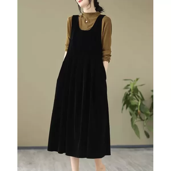 imagechouyatou Womens Cute Velvet Bowknot Babydoll Tank Dress ALine Swing Midi Long Overall Dress with PocketsBlack