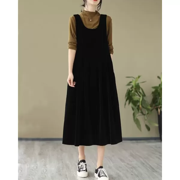 imagechouyatou Womens Cute Velvet Bowknot Babydoll Tank Dress ALine Swing Midi Long Overall Dress with PocketsBlack
