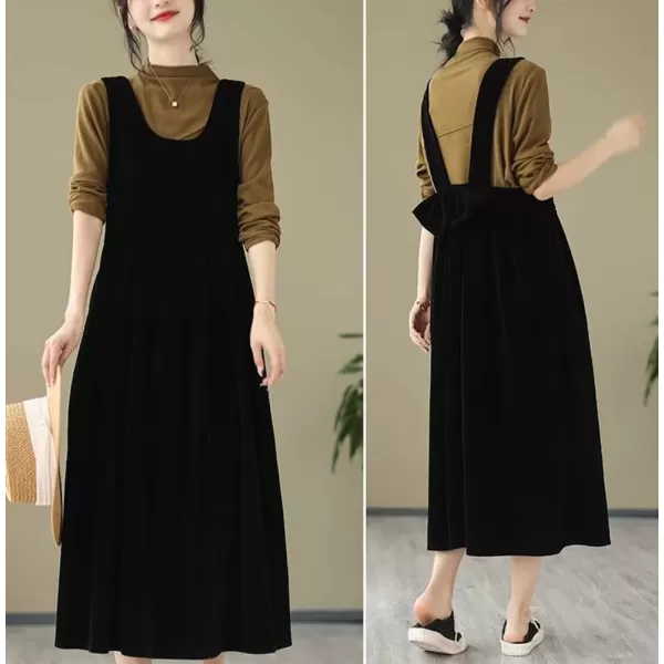 imagechouyatou Womens Cute Velvet Bowknot Babydoll Tank Dress ALine Swing Midi Long Overall Dress with PocketsBlack
