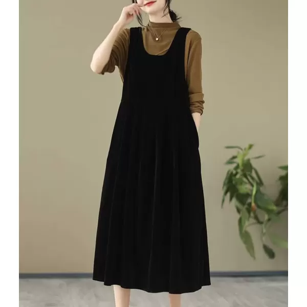 imagechouyatou Womens Cute Velvet Bowknot Babydoll Tank Dress ALine Swing Midi Long Overall Dress with PocketsBlack