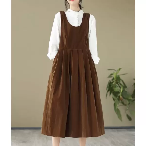 imagechouyatou Womens Cute Velvet Bowknot Babydoll Tank Dress ALine Swing Midi Long Overall Dress with PocketsBrown