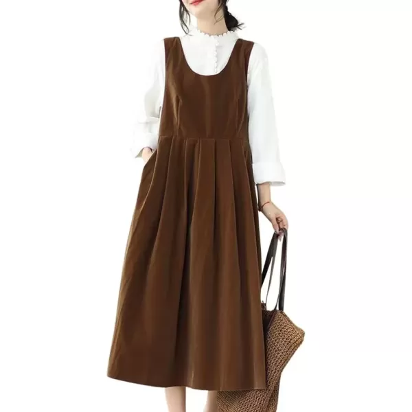 imagechouyatou Womens Cute Velvet Bowknot Babydoll Tank Dress ALine Swing Midi Long Overall Dress with PocketsBrown