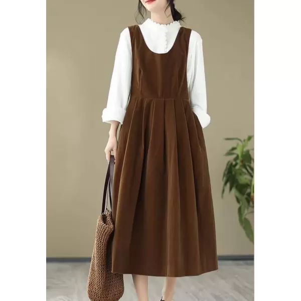 imagechouyatou Womens Cute Velvet Bowknot Babydoll Tank Dress ALine Swing Midi Long Overall Dress with PocketsBrown