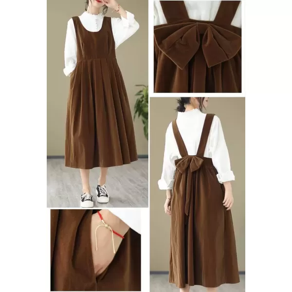 imagechouyatou Womens Cute Velvet Bowknot Babydoll Tank Dress ALine Swing Midi Long Overall Dress with PocketsBrown