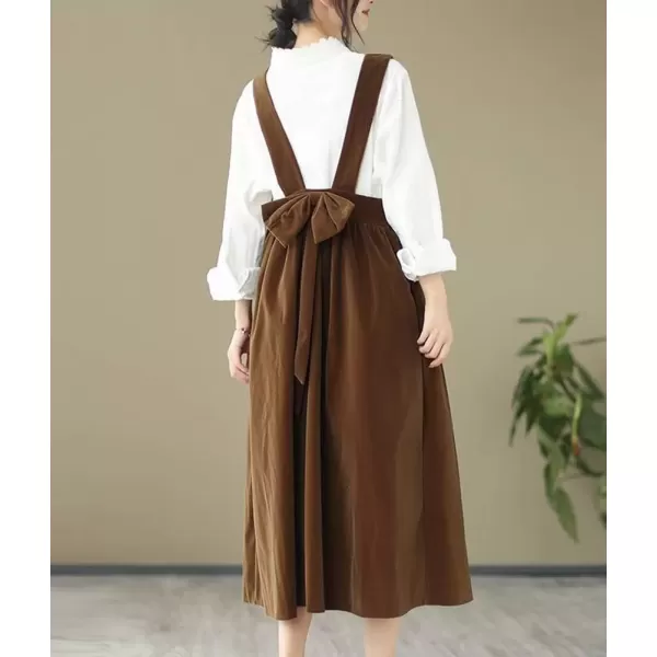 imagechouyatou Womens Cute Velvet Bowknot Babydoll Tank Dress ALine Swing Midi Long Overall Dress with PocketsBrown