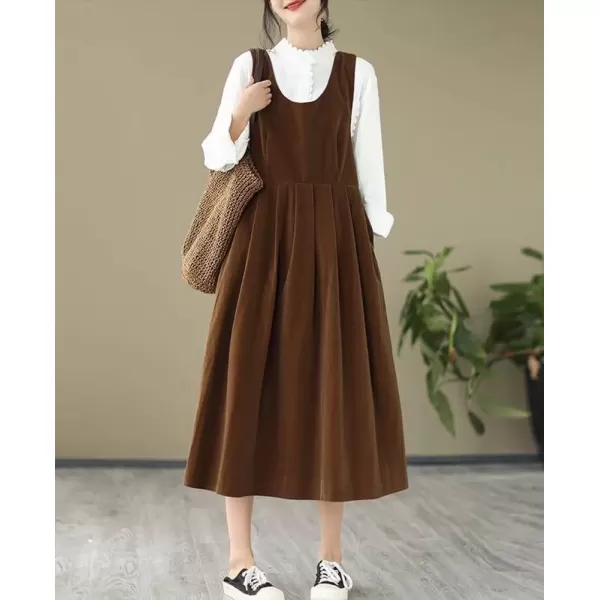 imagechouyatou Womens Cute Velvet Bowknot Babydoll Tank Dress ALine Swing Midi Long Overall Dress with PocketsBrown