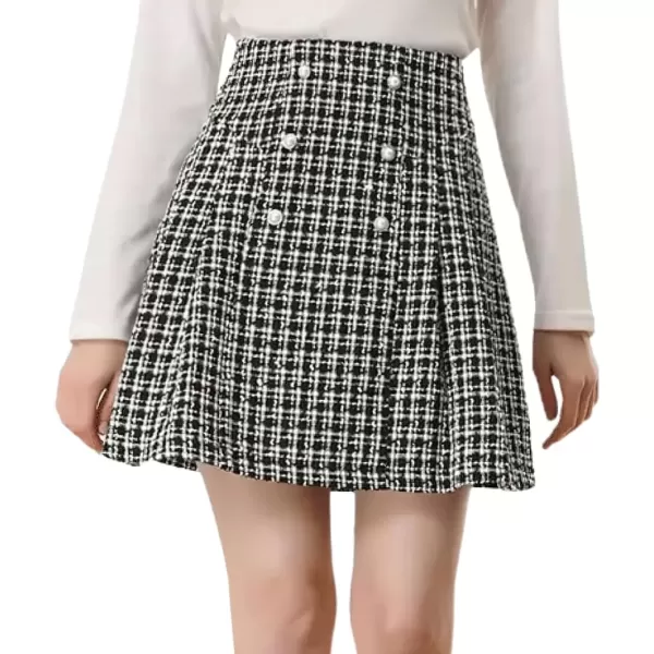 imagechouyatou Womens Fall Winter Elegant Tweed Plaid High Waist Casual ALine Tartan Pleated Short Mini SkirtBlack