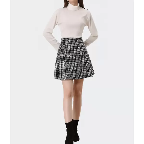 imagechouyatou Womens Fall Winter Elegant Tweed Plaid High Waist Casual ALine Tartan Pleated Short Mini SkirtBlack