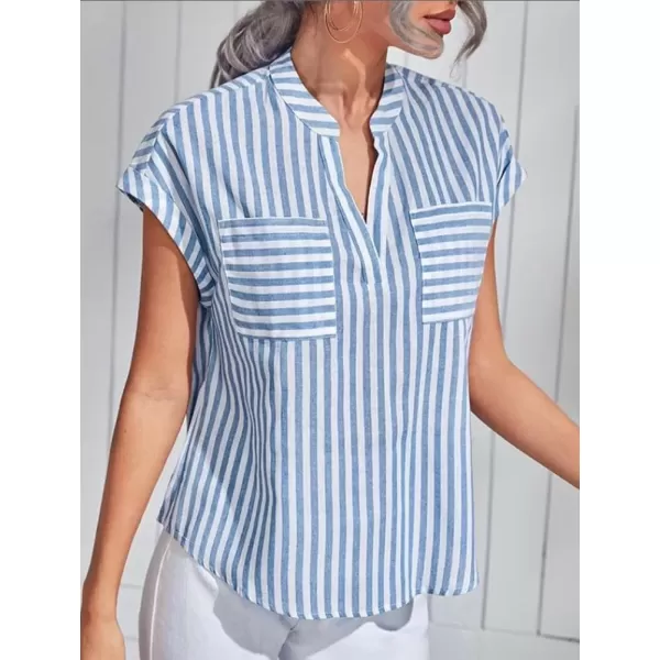 imagechouyatou Womens Loose Fit VNeck Striped Summer Tops Business Casual Cap Sleeve TShirtsBlue