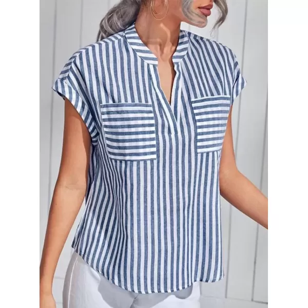 imagechouyatou Womens Loose Fit VNeck Striped Summer Tops Business Casual Cap Sleeve TShirtsDark Blue