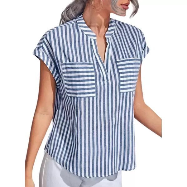 imagechouyatou Womens Loose Fit VNeck Striped Summer Tops Business Casual Cap Sleeve TShirtsDark Blue
