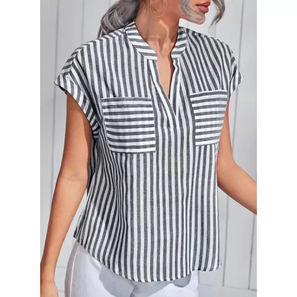 imagechouyatou Womens Loose Fit VNeck Striped Summer Tops Business Casual Cap Sleeve TShirtsGrey
