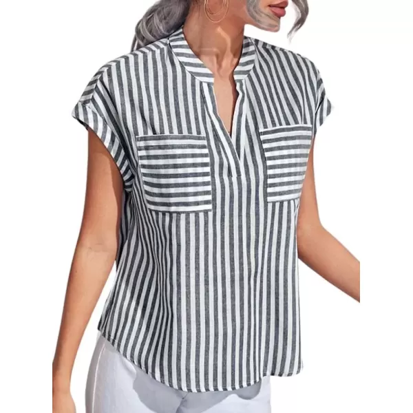 imagechouyatou Womens Loose Fit VNeck Striped Summer Tops Business Casual Cap Sleeve TShirtsGrey