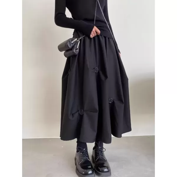 imagechouyatou Womens Retro Floral Applique Elastic Waist A Line Pleated Swing Midi Long SkirtBlack