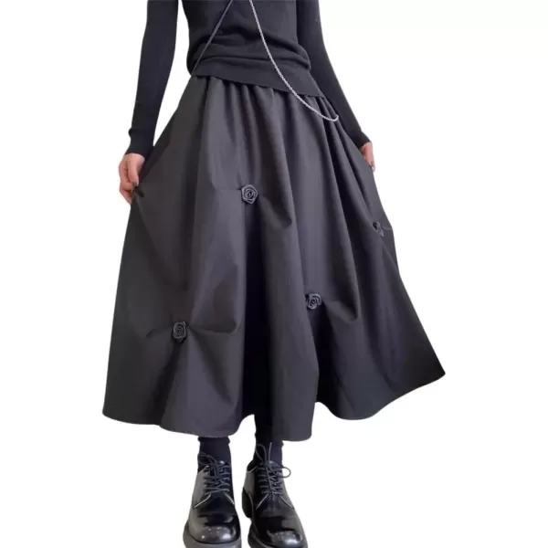imagechouyatou Womens Retro Floral Applique Elastic Waist A Line Pleated Swing Midi Long SkirtBlack