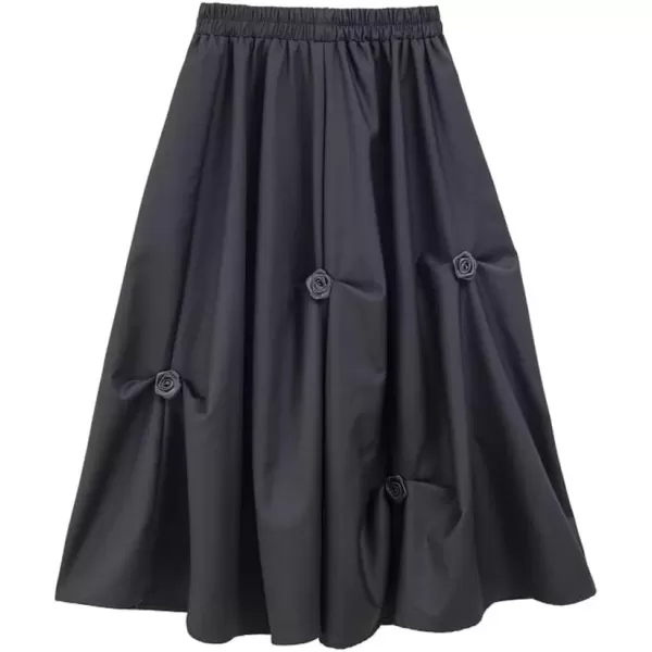 imagechouyatou Womens Retro Floral Applique Elastic Waist A Line Pleated Swing Midi Long SkirtBlack