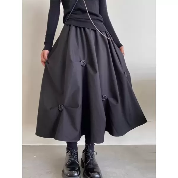 imagechouyatou Womens Retro Floral Applique Elastic Waist A Line Pleated Swing Midi Long SkirtBlack