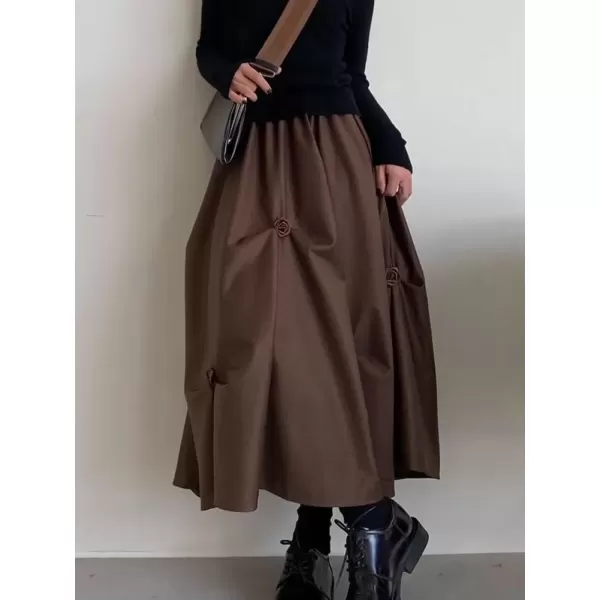 imagechouyatou Womens Retro Floral Applique Elastic Waist A Line Pleated Swing Midi Long SkirtCoffee