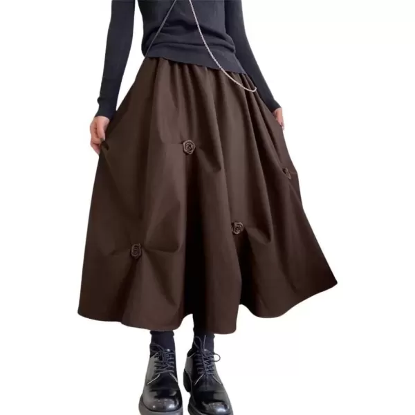 imagechouyatou Womens Retro Floral Applique Elastic Waist A Line Pleated Swing Midi Long SkirtCoffee