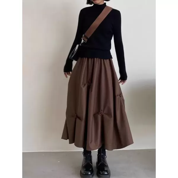 imagechouyatou Womens Retro Floral Applique Elastic Waist A Line Pleated Swing Midi Long SkirtCoffee