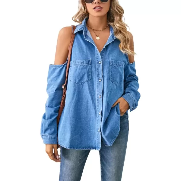 imagechouyatou Womens Sexy Cold Shouder Denim Jean Shirt Button Down Busniess Casual Blouse TopsBlue