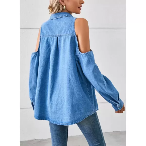 imagechouyatou Womens Sexy Cold Shouder Denim Jean Shirt Button Down Busniess Casual Blouse TopsBlue