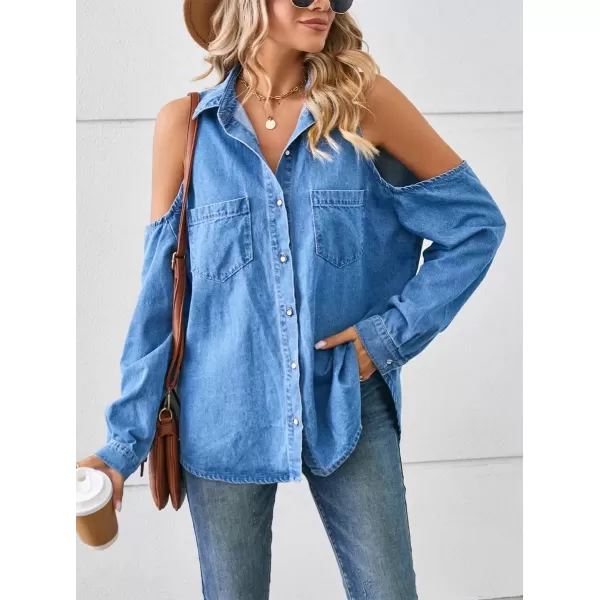 imagechouyatou Womens Sexy Cold Shouder Denim Jean Shirt Button Down Busniess Casual Blouse TopsBlue