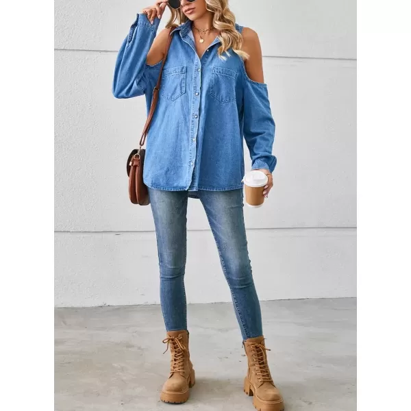 imagechouyatou Womens Sexy Cold Shouder Denim Jean Shirt Button Down Busniess Casual Blouse TopsBlue