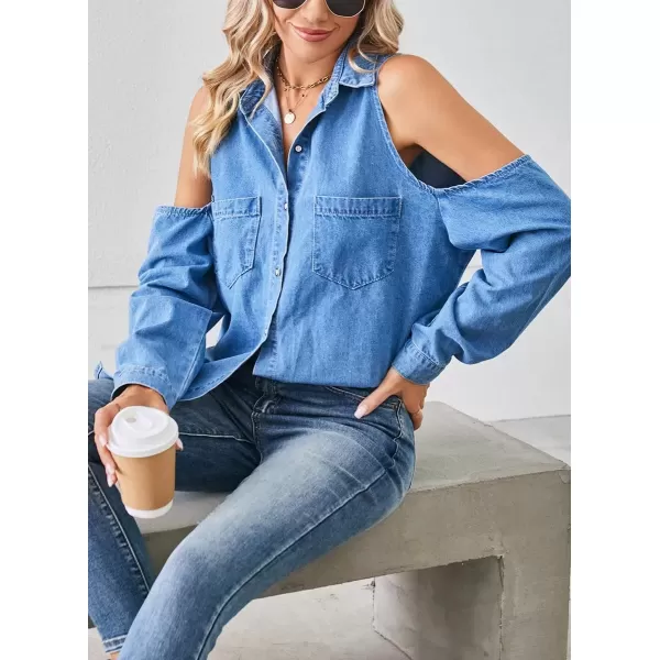 imagechouyatou Womens Sexy Cold Shouder Denim Jean Shirt Button Down Busniess Casual Blouse TopsBlue