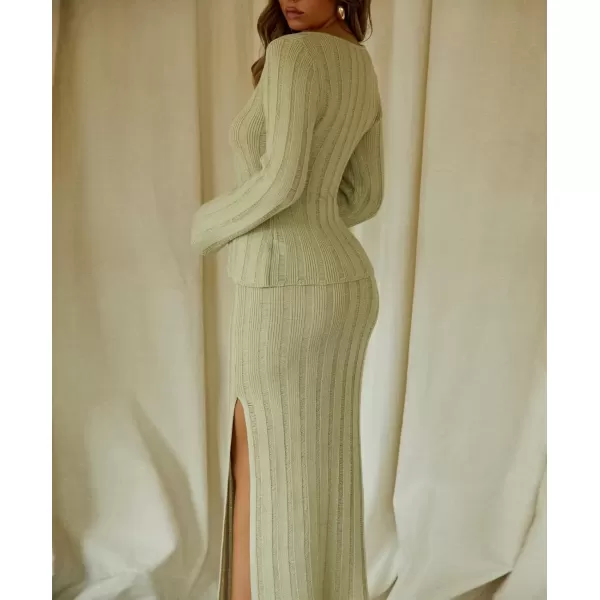 imagechouyatou Womens Sexy Ribbed Knit Button Up Sweater Top and Package Hip High Slit Skirt Sets 2 Piece OutfitsLight Green