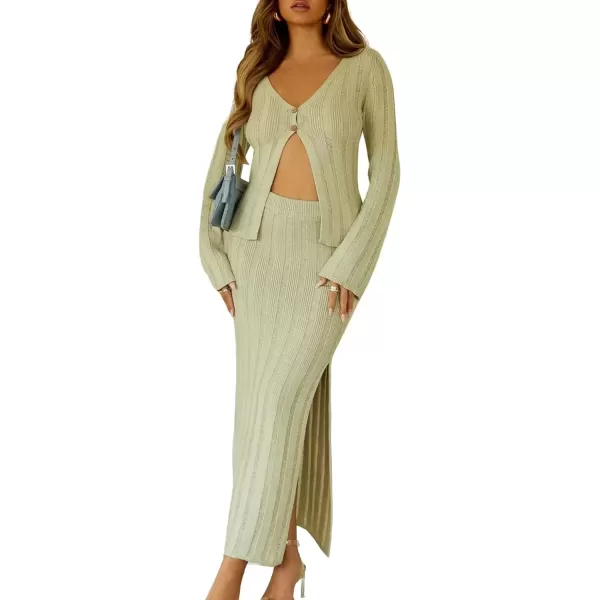 imagechouyatou Womens Sexy Ribbed Knit Button Up Sweater Top and Package Hip High Slit Skirt Sets 2 Piece OutfitsLight Green