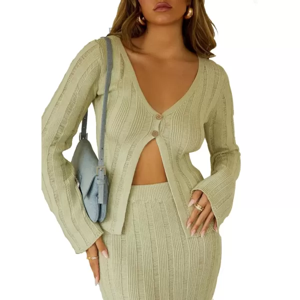 imagechouyatou Womens Sexy Ribbed Knit Button Up Sweater Top and Package Hip High Slit Skirt Sets 2 Piece OutfitsLight Green