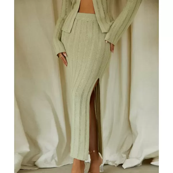 imagechouyatou Womens Sexy Ribbed Knit Button Up Sweater Top and Package Hip High Slit Skirt Sets 2 Piece OutfitsLight Green