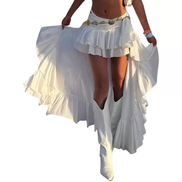 imagechouyatou Womens Sexy Y2k Irregular High Low Ruffle Hem Skirt Boho Egirl Goth Flowy Tiered Midi Long SkirtWhite