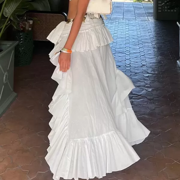 imagechouyatou Womens Sexy Y2k Irregular High Low Ruffle Hem Skirt Boho Egirl Goth Flowy Tiered Midi Long SkirtWhite