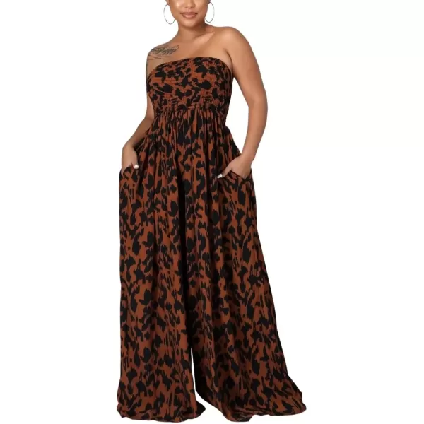 imagechouyatou Womens Smocked Bandeau Rompers Floral Print Wide Leg Strapless Jumpsuit overallsBrown Leopard