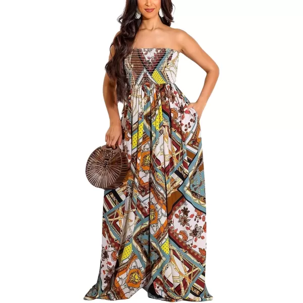 imagechouyatou Womens Smocked Bandeau Rompers Floral Print Wide Leg Strapless Jumpsuit overallsCoffee Ethnic