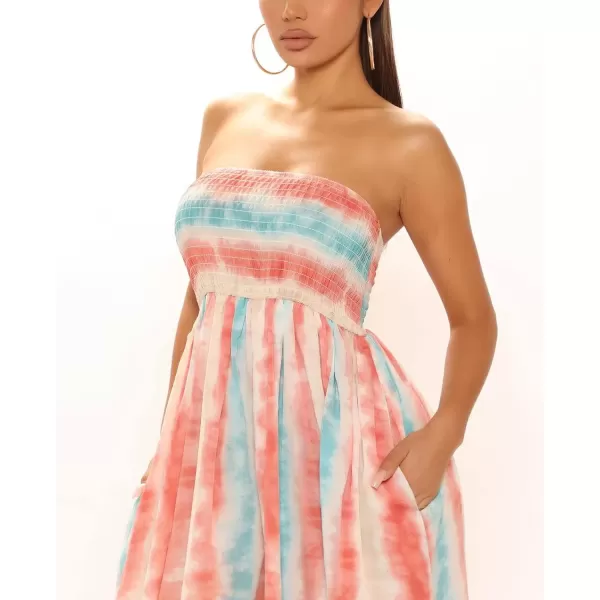 imagechouyatou Womens Smocked Bandeau Rompers Floral Print Wide Leg Strapless Jumpsuit overallsOrangered Striped