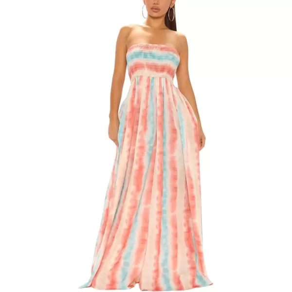 imagechouyatou Womens Smocked Bandeau Rompers Floral Print Wide Leg Strapless Jumpsuit overallsOrangered Striped