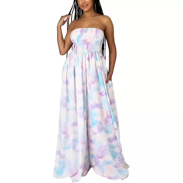 imagechouyatou Womens Smocked Bandeau Rompers Floral Print Wide Leg Strapless Jumpsuit overallsPurple Blue