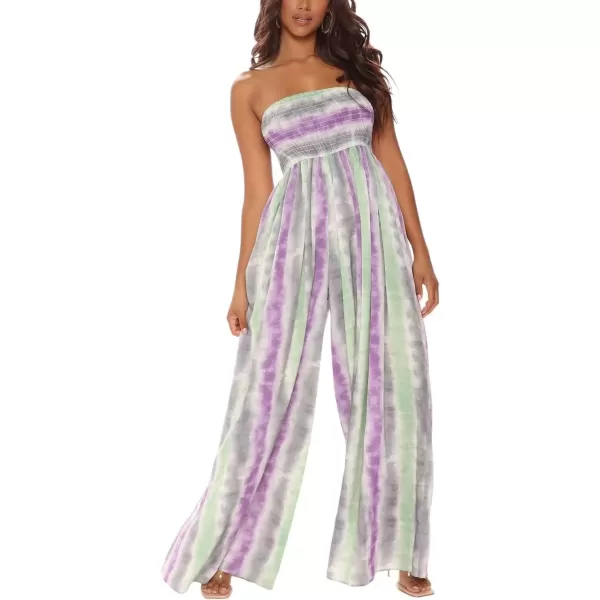 imagechouyatou Womens Smocked Bandeau Rompers Floral Print Wide Leg Strapless Jumpsuit overallsPurplegreen Striped