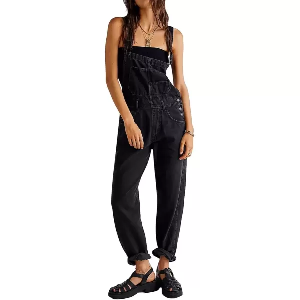 imagechouyatou Womens Spring Adjustable Strap Denim Jumpsuit Straight Leg Bib Overall Jeans PantBlack