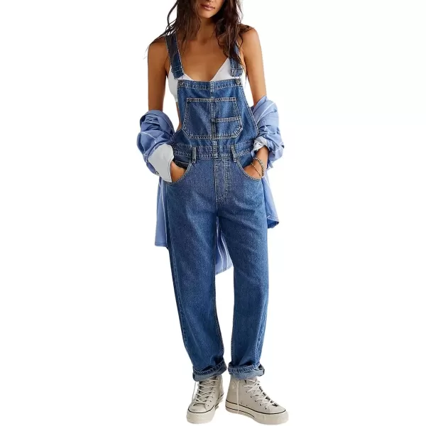 imagechouyatou Womens Spring Adjustable Strap Denim Jumpsuit Straight Leg Bib Overall Jeans PantDark Blue