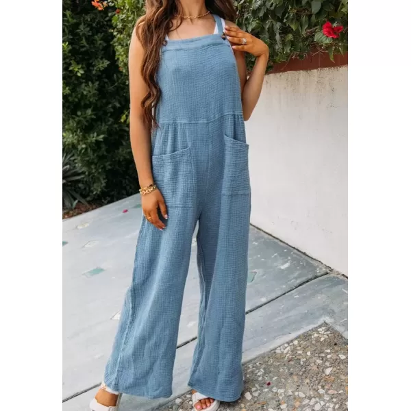 imagechouyatou Womens Summer Adjustable Strap Bib Overalls Loose Wide Leg Casual Jumpsuits Romper with PocketsBlue