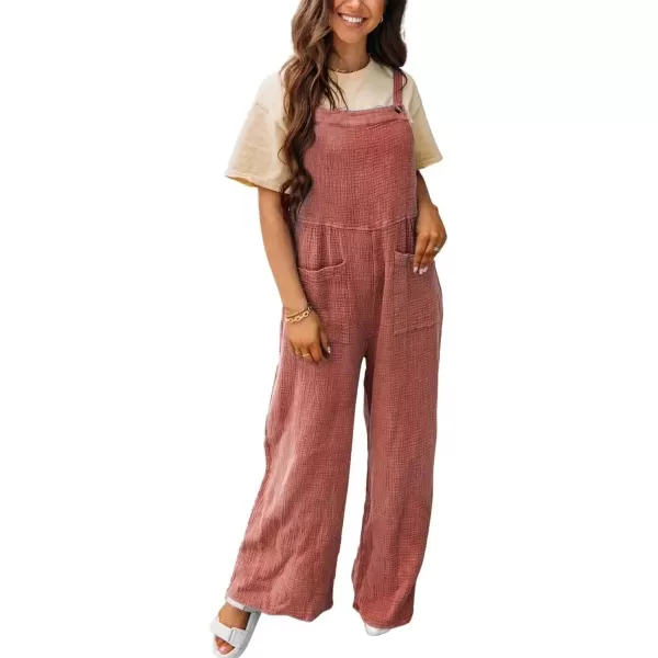 imagechouyatou Womens Summer Adjustable Strap Bib Overalls Loose Wide Leg Casual Jumpsuits Romper with PocketsDark Pink