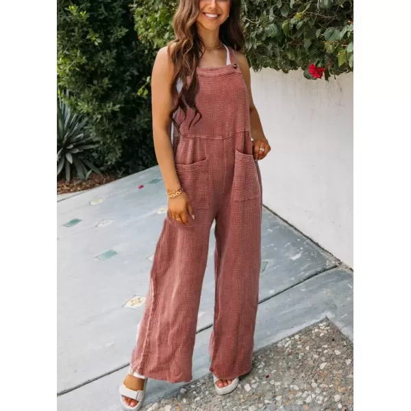 imagechouyatou Womens Summer Adjustable Strap Bib Overalls Loose Wide Leg Casual Jumpsuits Romper with PocketsDark Pink