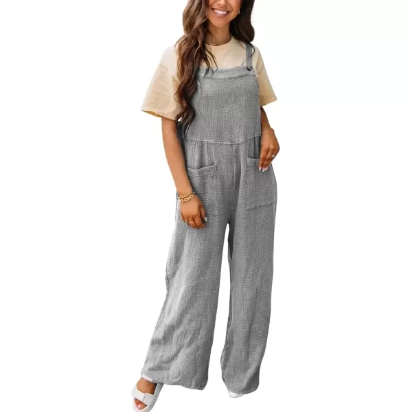 imagechouyatou Womens Summer Adjustable Strap Bib Overalls Loose Wide Leg Casual Jumpsuits Romper with PocketsGrey