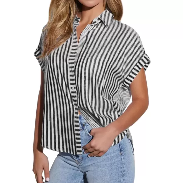 imagechouyatou Womens Summer Cap Sleeve Striped Button Down Shirt Loose Business Casual Tops Work BlousesBlack