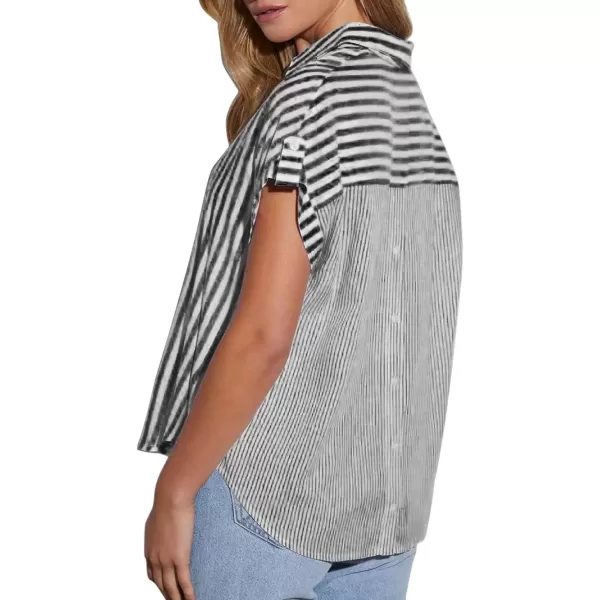 imagechouyatou Womens Summer Cap Sleeve Striped Button Down Shirt Loose Business Casual Tops Work BlousesBlack